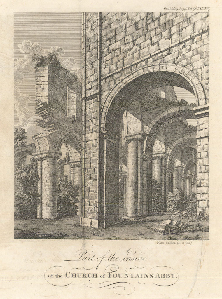 Part of the inside of the Church of Fountains Abbey, Yorkshire 1816 old print